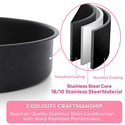 Herogo 8 Inch Round Cake Pan Set of 3, Stainless Steel Black Nonstick Round Baking Pan, Birthday Wedding Layer Cake Pan, Non Toxic, Oven & Dishwasher Safe