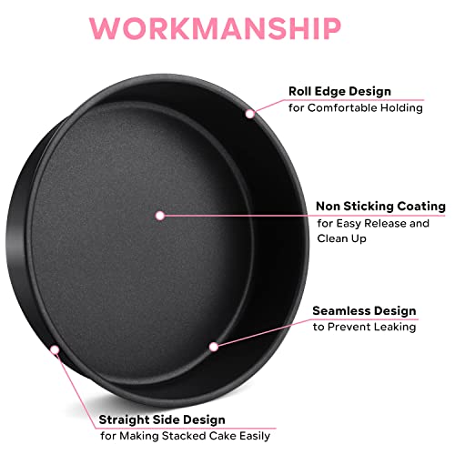 Herogo 8 Inch Round Cake Pan Set of 3, Stainless Steel Black Nonstick Round Baking Pan, Birthday Wedding Layer Cake Pan, Non Toxic, Oven & Dishwasher Safe