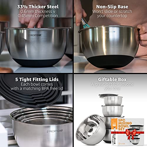 Priority Chef Premium Mixing Bowls With Lids Set, Thicker Stainless Steel Mixing Bowl Set, Large Prep Metal Bowls with Lids, Nesting Bowls for Kitchen, 1.5/2/3/4/5 Qrt, Black