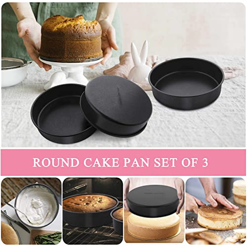 Herogo 8 Inch Round Cake Pan Set of 3, Stainless Steel Black Nonstick Round Baking Pan, Birthday Wedding Layer Cake Pan, Non Toxic, Oven & Dishwasher Safe