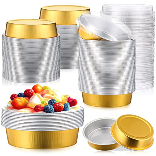 Yinder 120 Pcs 8oz Mini Cake Pans Disposable Pie Pans with Lids 4Inch Aluminum Foil Pie Container with Lid Disposable Ramekins with Lids Freezer Safe Ice Cream Bowls (Gold)