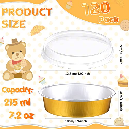 Yinder 120 Pcs 8oz Mini Cake Pans Disposable Pie Pans with Lids 4Inch Aluminum Foil Pie Container with Lid Disposable Ramekins with Lids Freezer Safe Ice Cream Bowls (Gold)