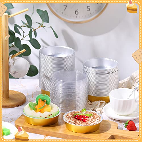 Yinder 120 Pcs 8oz Mini Cake Pans Disposable Pie Pans with Lids 4Inch Aluminum Foil Pie Container with Lid Disposable Ramekins with Lids Freezer Safe Ice Cream Bowls (Gold)