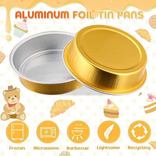 Yinder 120 Pcs 8oz Mini Cake Pans Disposable Pie Pans with Lids 4Inch Aluminum Foil Pie Container with Lid Disposable Ramekins with Lids Freezer Safe Ice Cream Bowls (Gold)