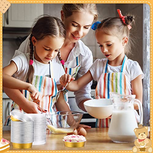 Yinder 120 Pcs 8oz Mini Cake Pans Disposable Pie Pans with Lids 4Inch Aluminum Foil Pie Container with Lid Disposable Ramekins with Lids Freezer Safe Ice Cream Bowls (Gold)