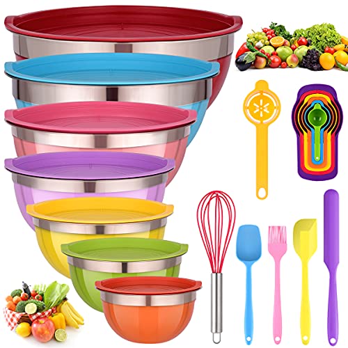 Mixing Bowls with Lids for Kitchen - 26 PCS Stainless Steel Nesting Colorful Mixing Bowls Set for Baking,Mixing,Serving & Prepping,Size 7, 5.5, 5, 4, 3, 2, 1.5QT,12 Colorful Cooking Utensils