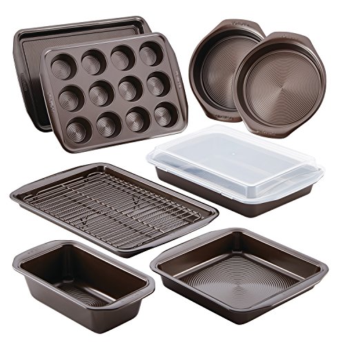 Circulon Nonstick Bakeware Set with Nonstick Bread Pan, Baking Pans, Baking Sheets, Cookie Sheets, Cake Pan and Muffin Pan / Cupcake Pan - 10 Piece, Chocolate Brown