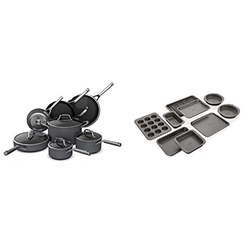 Ninja C39800 Foodi NeverStick Premium 12-Piece Cookware Set, Slate Grey & B39010 Foodi NeverStick Premium 10-Piece Bakeware Sheet Set, Oven Safe up to 500⁰F, Grey