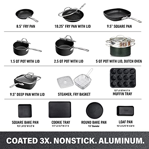 Granitestone Black Pots and Pans Set Nonstick, 20 Pc Kitchen Cookware Set & Bakeware Set with Mineral & Diamond Coating, Long Lasting Nonstick, Ultra Durable, Oven and Dishwasher Safe, 100% Toxin Free