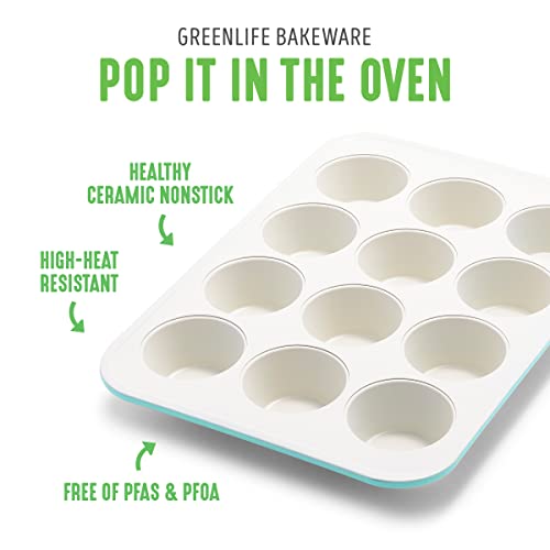 GreenLife Bakeware Healthy Ceramic Nonstick, 12 Piece Baking Set with Cookie Sheets Muffin Cake and Loaf Pans including utensils, PFAS-Free, Turquoise