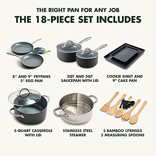 GreenPan Lima Hard Anodized Healthy Ceramic Nonstick 18 Piece Cookware Bakeware Pots and Pans Set, PFAS-Free, Oven Safe, Gray