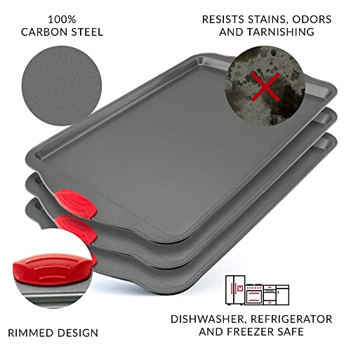 Nonstick Baking Sheet Pans, Set of 3, Non-Toxic and Rimmed Carbon Steel Cookie Sheet Trays - Dent, Warp and Rust Resistant, Heavy Gauge Steel Oven Baking Sheets