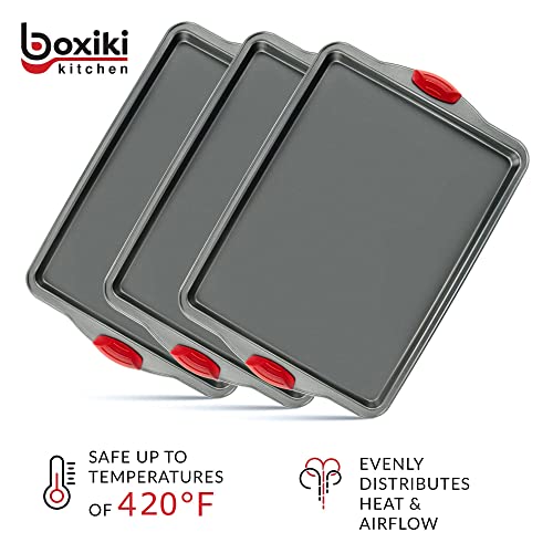Nonstick Baking Sheet Pans, Set of 3, Non-Toxic and Rimmed Carbon Steel Cookie Sheet Trays - Dent, Warp and Rust Resistant, Heavy Gauge Steel Oven Baking Sheets