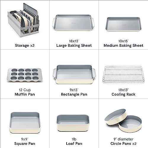 Caraway Nonstick Ceramic Bakeware Set (11 Pieces) - Baking Sheets, Assorted Baking Pans, Cooling Rack, & Storage - Aluminized Steel Body - Non Toxic, PTFE & PFOA Free - Cream