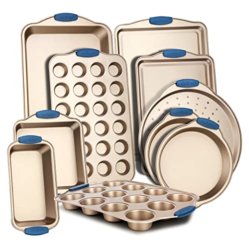 NutriChefKitchen 10-Piece Nonstick Bakeware Set - PTFE-Free Carbon Steel Baking Trays w/Heatsafe Blue Silicone Handles, Oven Safe Up to 450°F, Pizza Loaf Muffin Round/Square Pans, Cookie Sheets