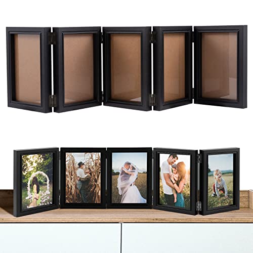 5 Folding 4" x 6" Hinged Picture Frame, Solid Wood Made, Foldable Photo Frame with High Definition Acrylic, Rustic Picture Frames Collage for Thanksgiving, Christmas, Valentine's Day, Birthday(Black)