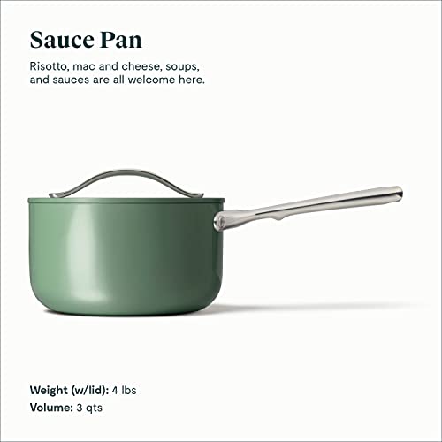Caraway Nonstick Ceramic Sauce Pan with Lid (3 qt) - Non Toxic, PTFE & PFOA Free - Oven Safe & Compatible with All Stovetops (Gas, Electric & Induction) - Sage