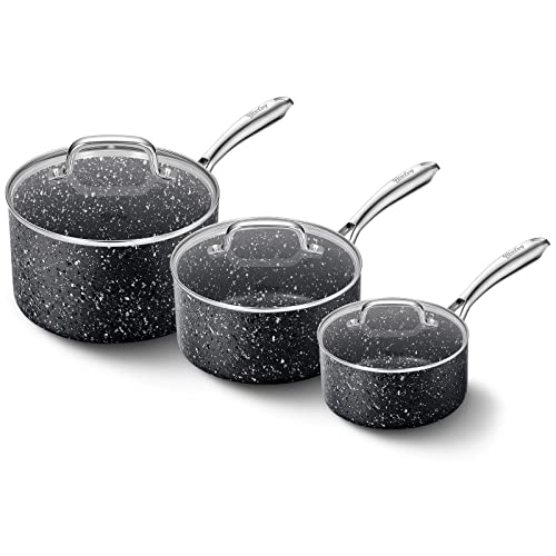 HLAFRG Nonstick Premium 3-Piece Saucepan Set with Glass Lids, Natural Durable Granite Coating, Nonstick, Durable & Oven Safe to 450°F, 1&2&3QT, Black