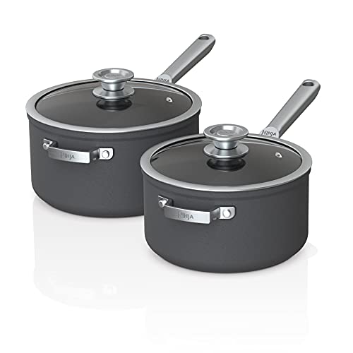 Ninja C54000 Foodi NeverStick Premium 4-Piece Saucepan Set, 2.5-Quart, 3.5-Quart with Glass Lids, Anti-Scratch Nest System, Hard-Anodized, Nonstick, Durable & Oven Safe to 500°F, Slate Grey