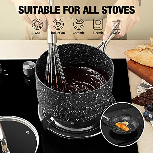 HLAFRG Nonstick Premium 3-Piece Saucepan Set with Glass Lids, Natural Durable Granite Coating, Nonstick, Durable & Oven Safe to 450°F, 1&2&3QT, Black