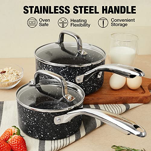 HLAFRG Nonstick Premium 3-Piece Saucepan Set with Glass Lids, Natural Durable Granite Coating, Nonstick, Durable & Oven Safe to 450°F, 1&2&3QT, Black