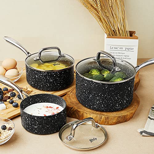 HLAFRG Nonstick Premium 3-Piece Saucepan Set with Glass Lids, Natural Durable Granite Coating, Nonstick, Durable & Oven Safe to 450°F, 1&2&3QT, Black