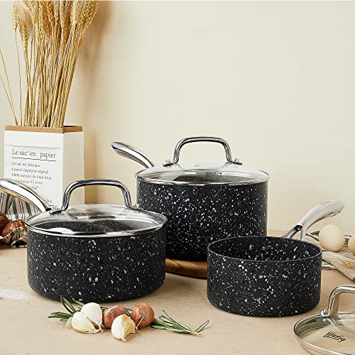 HLAFRG Nonstick Premium 3-Piece Saucepan Set with Glass Lids, Natural Durable Granite Coating, Nonstick, Durable & Oven Safe to 450°F, 1&2&3QT, Black