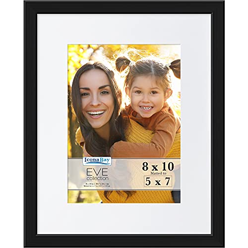 Icona Bay 8x10 Black Picture Frame w/Removable Mat to 5x7, Modern Double-Beveled Frame, Tabletop or Wall Mount, Eve Collection