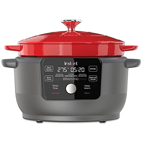 Instant Pot, 6-Quart 1500W Electric Round Dutch Oven, 5-in-1: Braise, Slow Cook, Sear/Sauté, Cooking Pan, Food Warmer, Enameled Cast Iron, Free App With 50 Recipes, Perfect Wedding Gift, Red