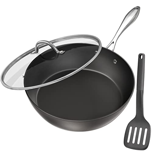 COOKER KING Deep Non stick Frying Pan, 11inch Frying Pans Nonstick with Lid, Cooking Sauté Pans w/Stay-Cool Handle Chefs Pan | Dishwasher Safe | Oven Safe | Non-Toxic PFOA & PFOS Free (Black)