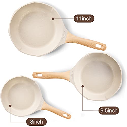 Nonstick Frying Pan Set - Granite Skillet Set, Induction Pans for Cooking Omelette Pan Non-Stick Cookware Set, Healthy Kitchen Skillet Pans Non Sticking Stone Pot and Pan Set (8", 9.5" & 11") Beige