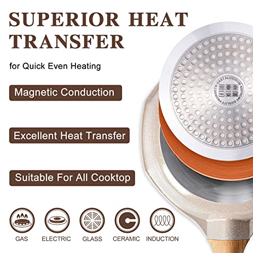 Nonstick Frying Pan Set - Granite Skillet Set, Induction Pans for Cooking Omelette Pan Non-Stick Cookware Set, Healthy Kitchen Skillet Pans Non Sticking Stone Pot and Pan Set (8", 9.5" & 11") Beige
