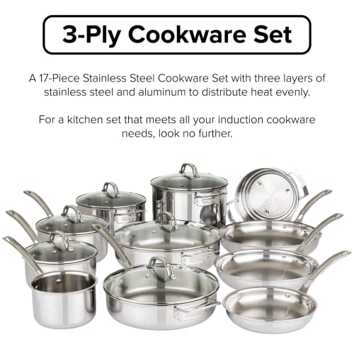 Viking Culinary 3-Ply Stainless Steel Cookware Set, 17 piece, Includes Pots & Pans, Steamer Insert & Glass Lids, Dishwasher, Oven Safe, Works on All Cooktops including Induction