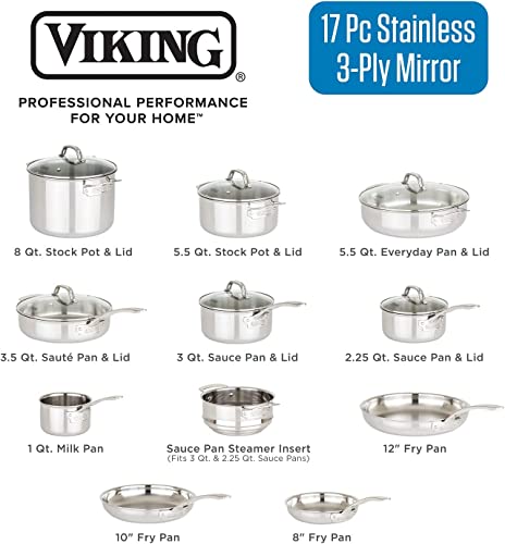 Viking Culinary 3-Ply Stainless Steel Cookware Set, 17 piece, Includes Pots & Pans, Steamer Insert & Glass Lids, Dishwasher, Oven Safe, Works on All Cooktops including Induction