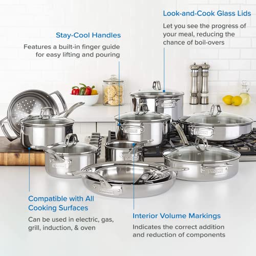 Viking Culinary 3-Ply Stainless Steel Cookware Set, 17 piece, Includes Pots & Pans, Steamer Insert & Glass Lids, Dishwasher, Oven Safe, Works on All Cooktops including Induction