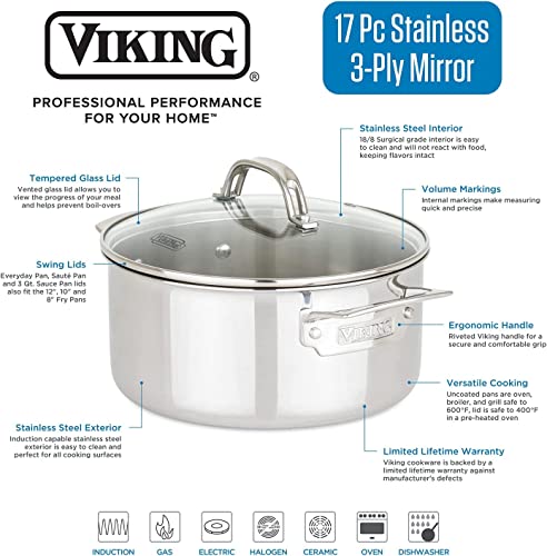 Viking Culinary 3-Ply Stainless Steel Cookware Set, 17 piece, Includes Pots & Pans, Steamer Insert & Glass Lids, Dishwasher, Oven Safe, Works on All Cooktops including Induction