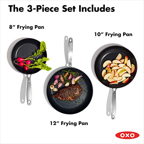 OXO Good Grips Pro, 8" 10" and 12" 3 Piece Frying Pan Skillet Set, 3-Layered German Engineered Nonstick Coating, Stainless Steel Handle, Dishwasher Safe, Oven Safe, Black