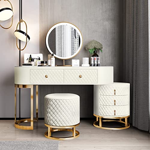 FUKAYI Women Dresser Table Vanity Corner Makeup Table Set Makeup with 5 Drawers Vanity Dressing Table with Lighted Mirror and Chair Makeup Vanity Benches Vanity Desk for Her, White