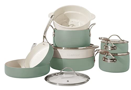 Bloomhouse - Oprah's Favorite Things - 12 Piece Aluminum Enamel Cookware Set w/Non-stick Non-toxic Ceramic Interior, Ceramic Steamer Insert, & 12 Protective Care Bags - Sage Green