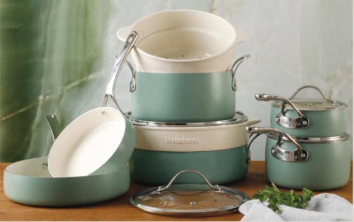 Bloomhouse - Oprah's Favorite Things - 12 Piece Aluminum Enamel Cookware Set w/Non-stick Non-toxic Ceramic Interior, Ceramic Steamer Insert, & 12 Protective Care Bags - Sage Green