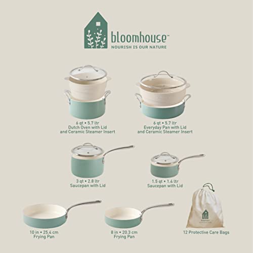 Bloomhouse - Oprah's Favorite Things - 12 Piece Aluminum Enamel Cookware Set w/Non-stick Non-toxic Ceramic Interior, Ceramic Steamer Insert, & 12 Protective Care Bags - Sage Green