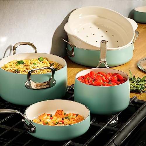 Bloomhouse - Oprah's Favorite Things - 12 Piece Aluminum Enamel Cookware Set w/Non-stick Non-toxic Ceramic Interior, Ceramic Steamer Insert, & 12 Protective Care Bags - Sage Green