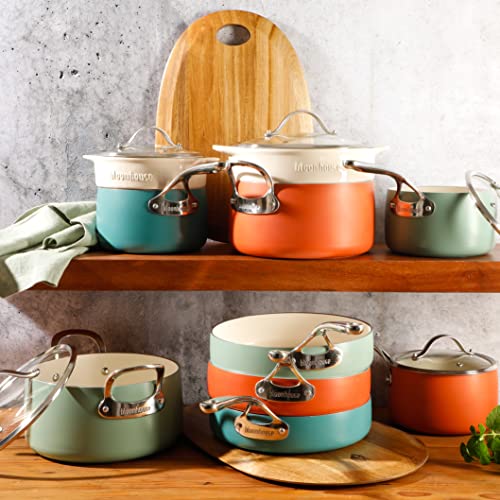 Bloomhouse - Oprah's Favorite Things - 12 Piece Aluminum Enamel Cookware Set w/Non-stick Non-toxic Ceramic Interior, Ceramic Steamer Insert, & 12 Protective Care Bags - Sage Green