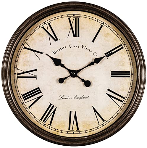 Bernhard Products Large Decorative Wall Clock 20 Inch Silent Non Ticking Battery Operated Quartz Vintage Stylish with Rustic Dark Brown Rim for Home Living/Dining Room Kitchen & Over Fireplace