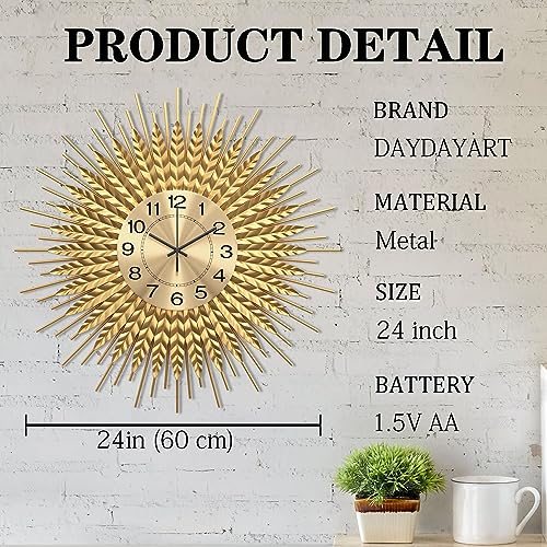 DAYDAYART Modern Large Wall Clock Decorative Metal Mid Century Wall Clocks, Gold Big Silent Non-Ticking Clock, Modern Handmade Home Art Decor for Living Room,Bedroom,Dining Room, 24 Inch