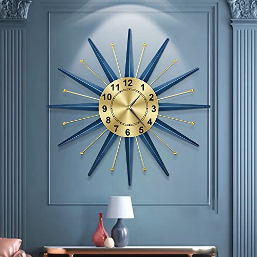 TOKTEKK 28 inch Mid Century Starburst Wall Clock, Battery Operated Large Metal Decorative Wall Clock, Modern Silent Wall Clock for Living Room Bedroom Kitchen Decor(Blue)