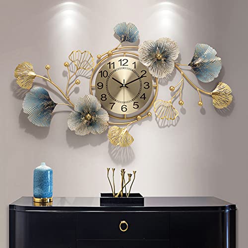 Mroinss Large Decorative Wall Clock, Light Luxury Atmosphere Ginkgo Leaf Quartz Clock with Silent Movement, Wall Decor for Living Room Bedroom Office Space,83x48x4cm
