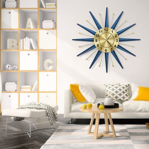 TOKTEKK 28 inch Mid Century Starburst Wall Clock, Battery Operated Large Metal Decorative Wall Clock, Modern Silent Wall Clock for Living Room Bedroom Kitchen Decor(Blue)
