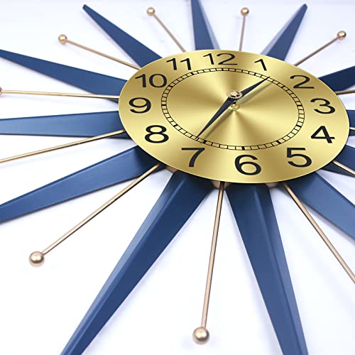 TOKTEKK 28 inch Mid Century Starburst Wall Clock, Battery Operated Large Metal Decorative Wall Clock, Modern Silent Wall Clock for Living Room Bedroom Kitchen Decor(Blue)