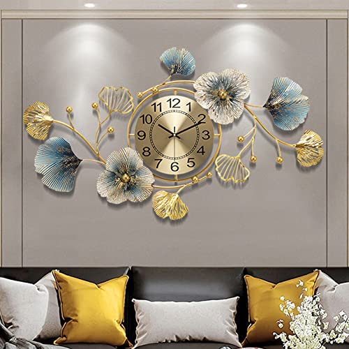 Mroinss Large Decorative Wall Clock, Light Luxury Atmosphere Ginkgo Leaf Quartz Clock with Silent Movement, Wall Decor for Living Room Bedroom Office Space,83x48x4cm
